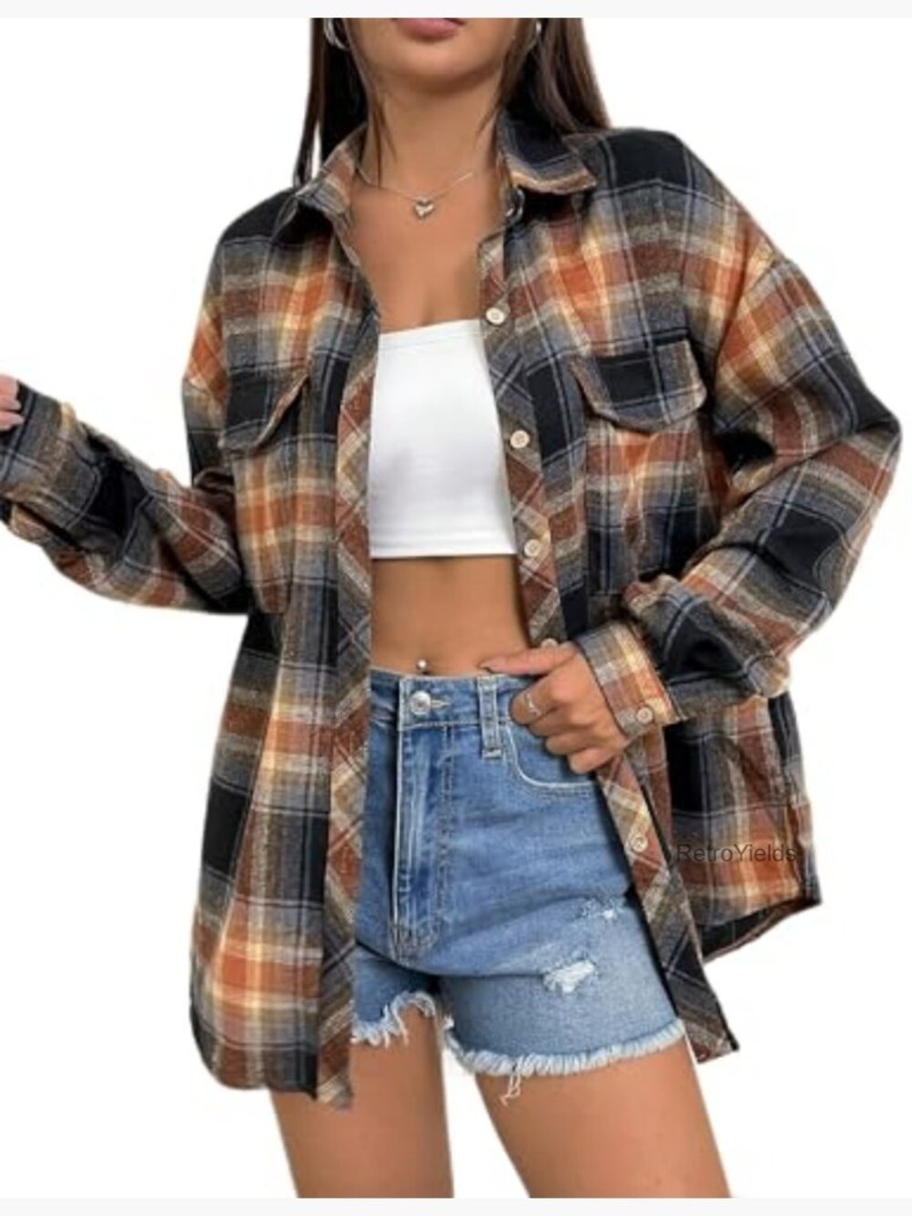 Womens Casual Cuffed Long Sleeve Boyfriend Button Down Plaid Flannel Shirt Tops - Picture 2 of 7